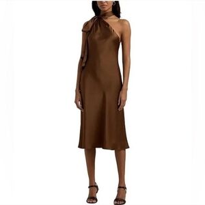 Ralph Lauren Brown Satin One-Shoulder Midi Dress